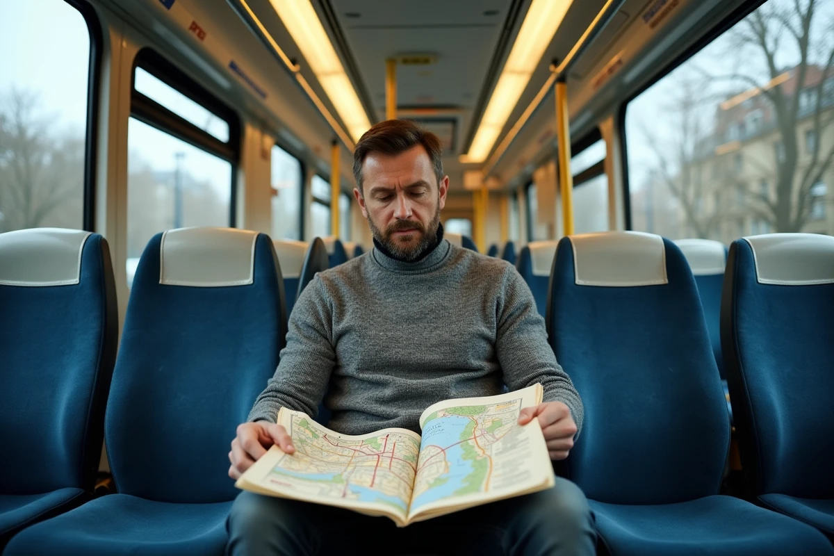 Passager du RER consultant une carte papier du réseau Île-de-France à l'intérieur d'un wagon