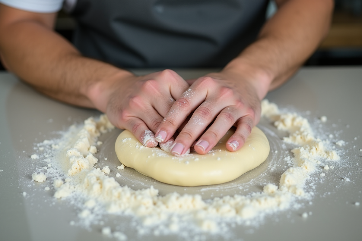 Mains de boulanger pétrissant la pâte dans la cuisine