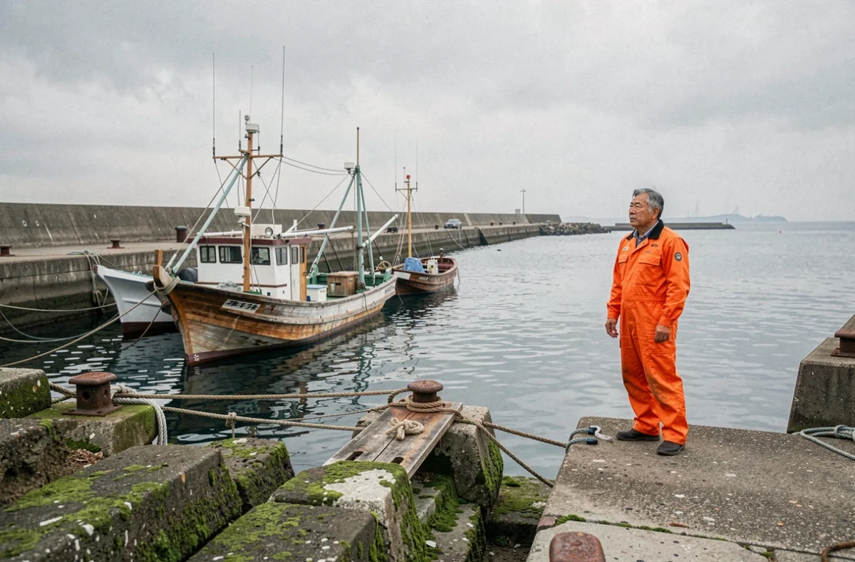 Pêcheur japonais sur le port côtier du Tohoku contemplant une mer atypiquement calme au printemps, symbole des perturbations climatiques