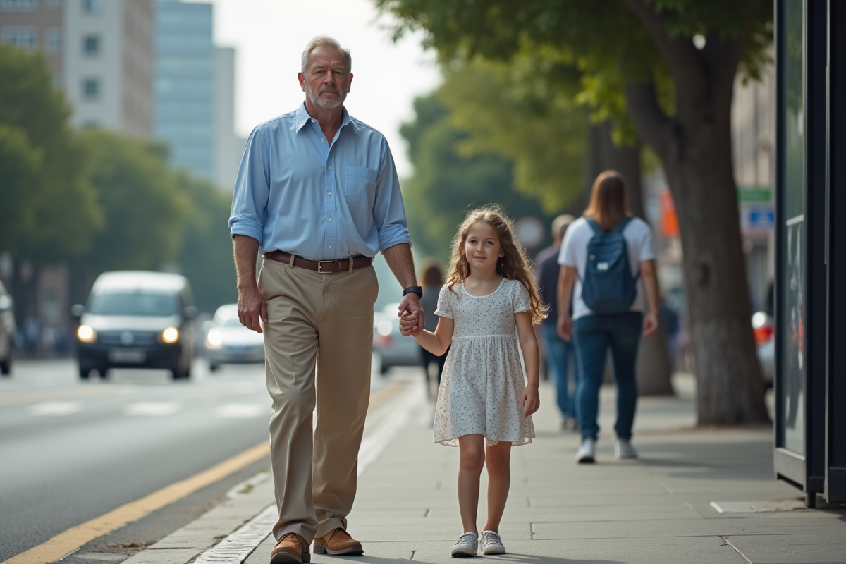 Pere et fille attendant le bus dans un environnement urbain