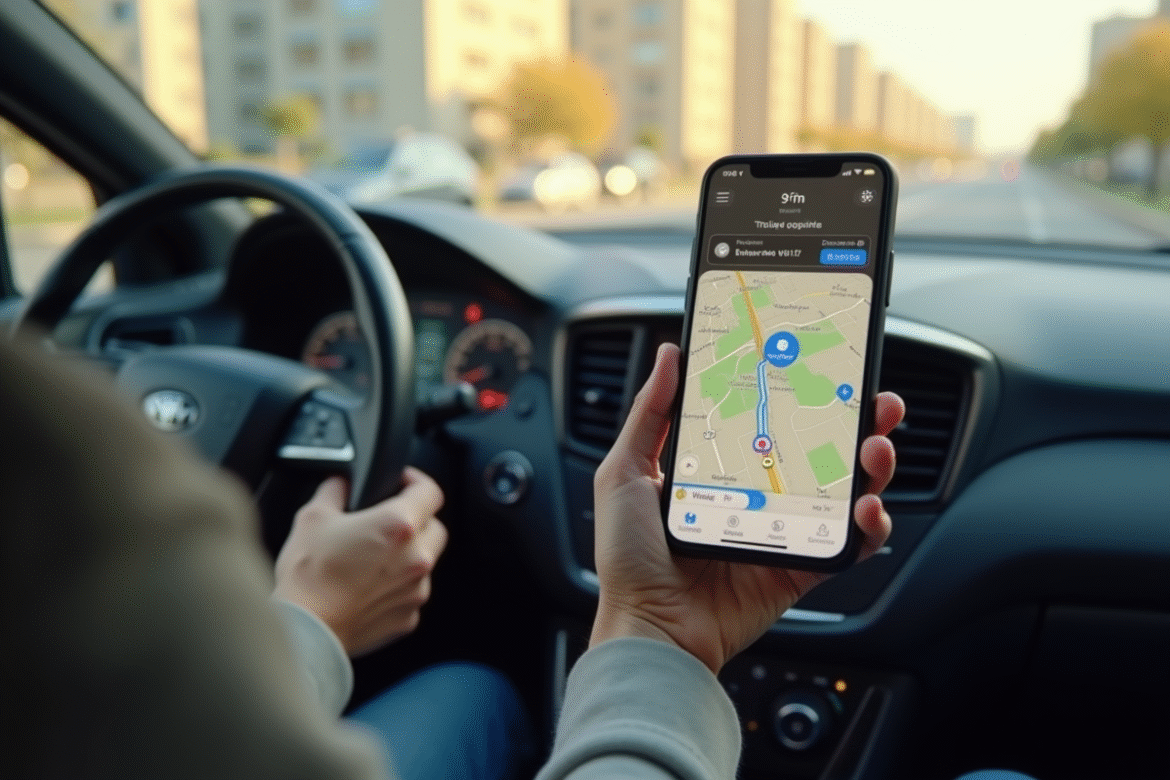 Personne tenant un smartphone avec Waze dans une voiture moderne