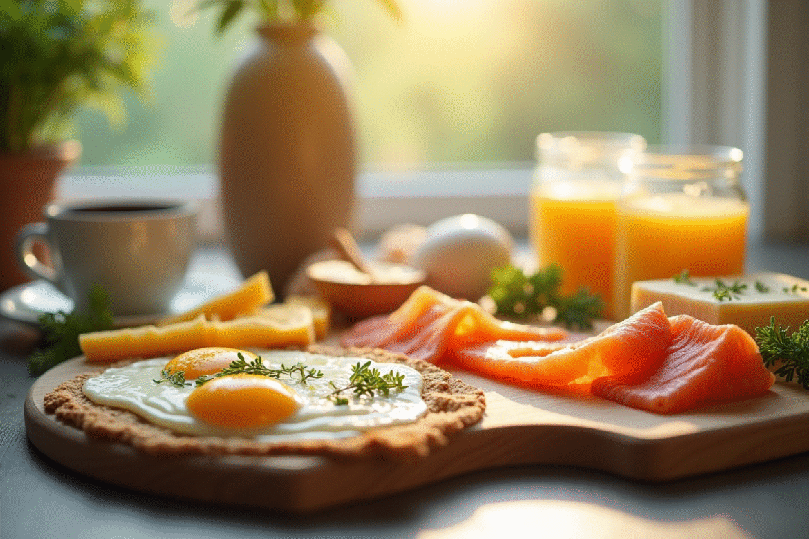 Table de petit déjeuner avec œufs saumon et fromage riches en vitamine B12
