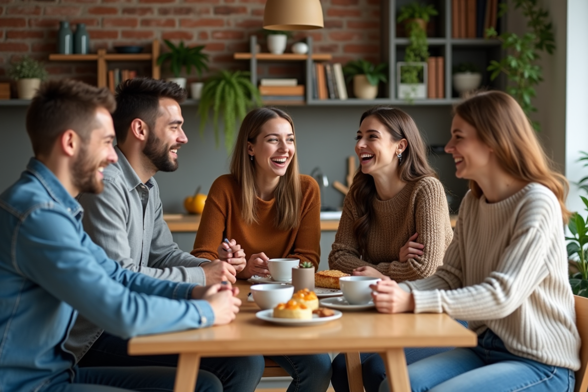 Quatre jeunes adultes partageant un petit déjeuner convivial