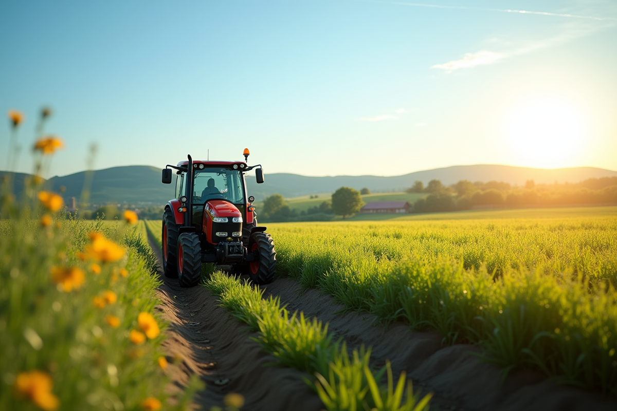 Petit tracteur manoeuvrant entre jeunes rangs de cultures ensoleillées