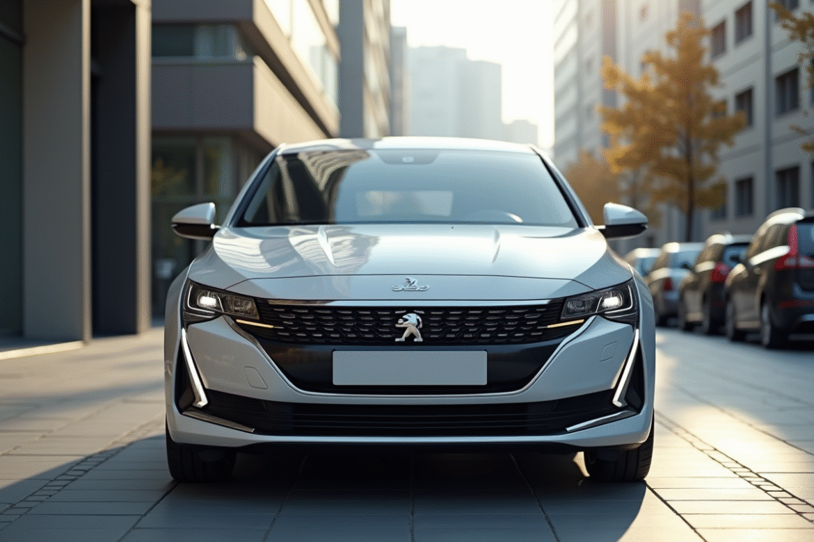Peugeot 408 hybride en ville lors de la journée