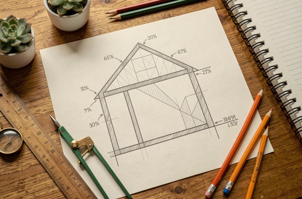 Plan de maison dessiné à la main avec annotations de pente en degrés et en pourcentage sur un bureau en bois