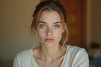Portrait en gros plan d'une jeune femme aux yeux bleus illustrant la génétique des yeux bleus dans la population mondiale