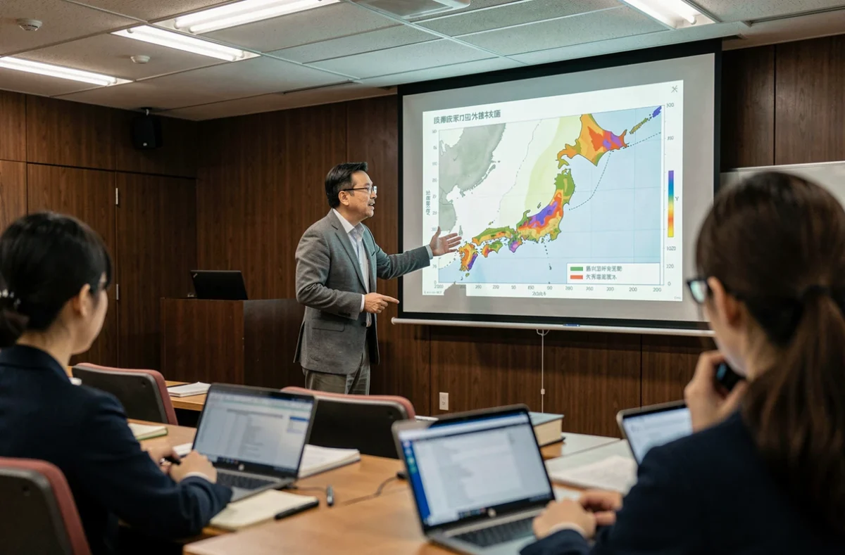 Professeur japonais présentant des données sur les anomalies climatiques au Tohoku lors d'une conférence universitaire à Sendai en 2026