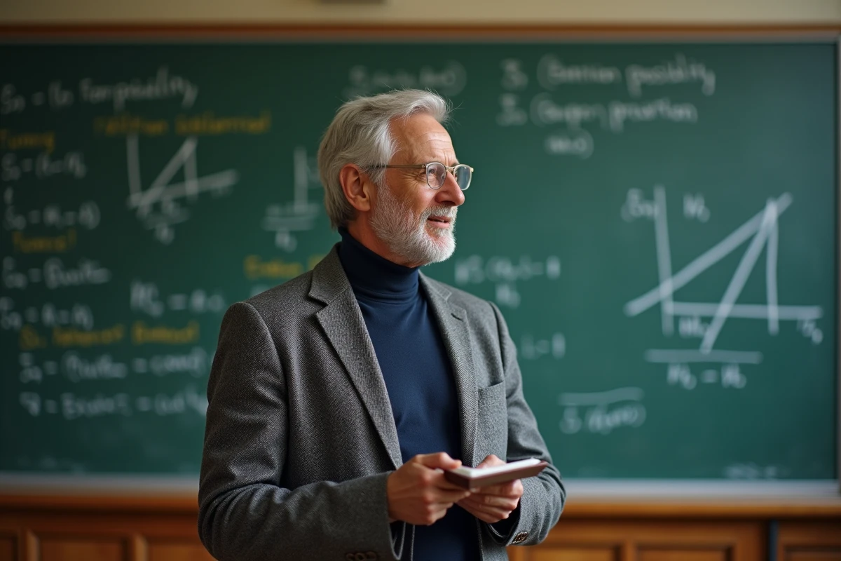 Professeur d'économie expliquant la théorie de la dotation factorielle devant un tableau noir avec des graphiques