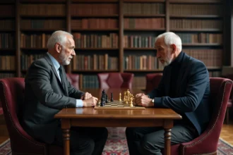 Deux hommes d'âge mûr jouant aux échecs dans une bibliothèque, symbolisant l'amitié et la rivalité entre le Professeur X et Magnéto