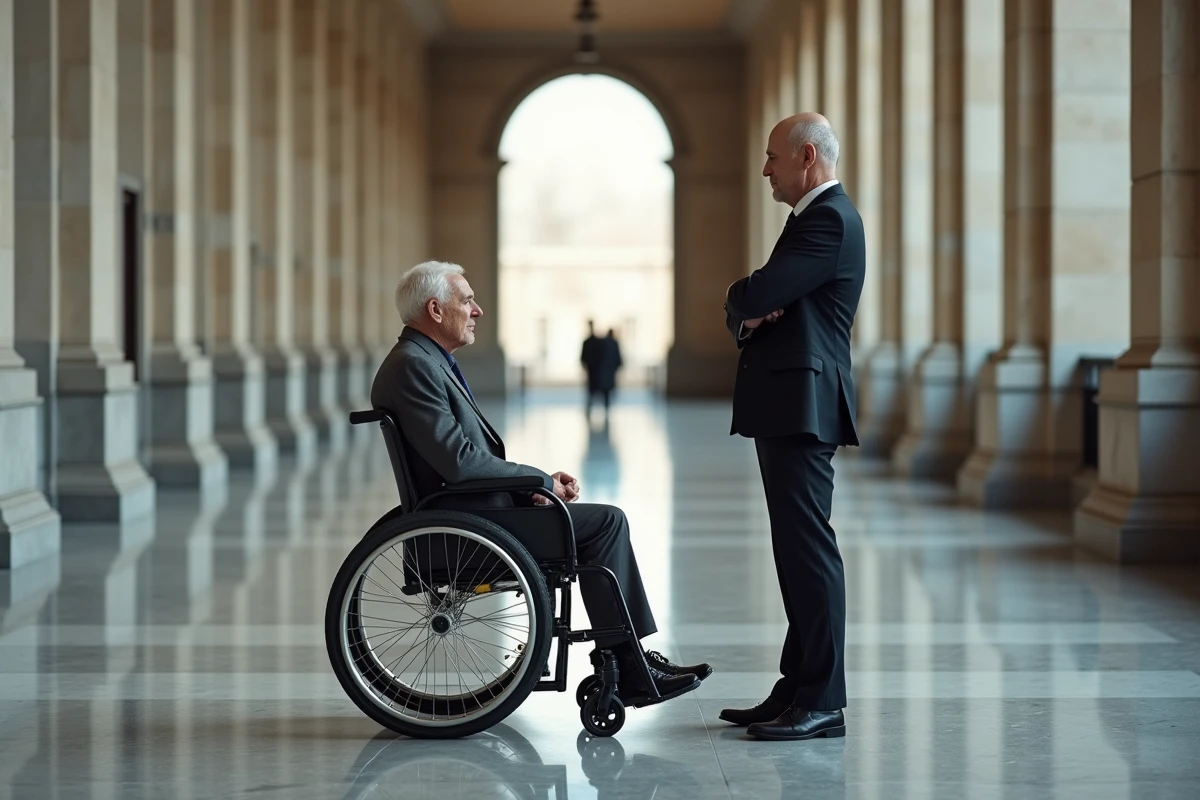 Deux hommes face à face dans un couloir institutionnel en marbre, illustrant la confrontation entre le Professeur X en fauteuil roulant et Magnéto