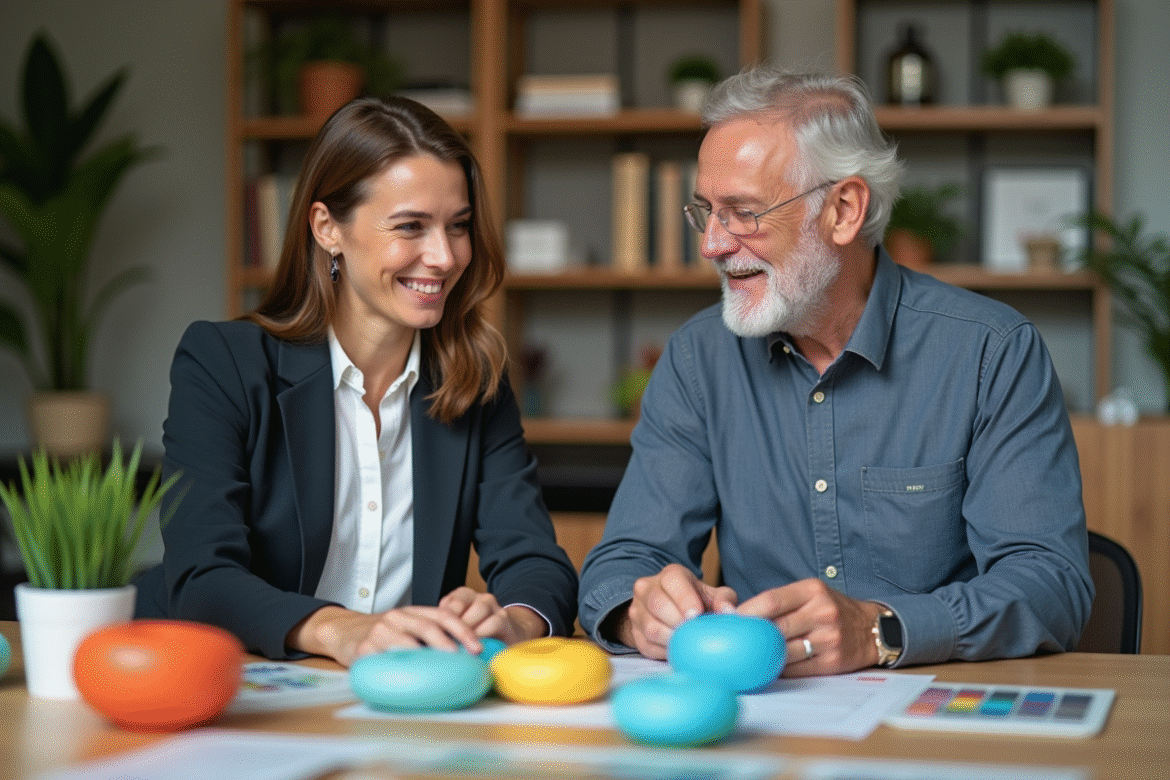 Deux professionnels collaborent autour de prototypes colorés
