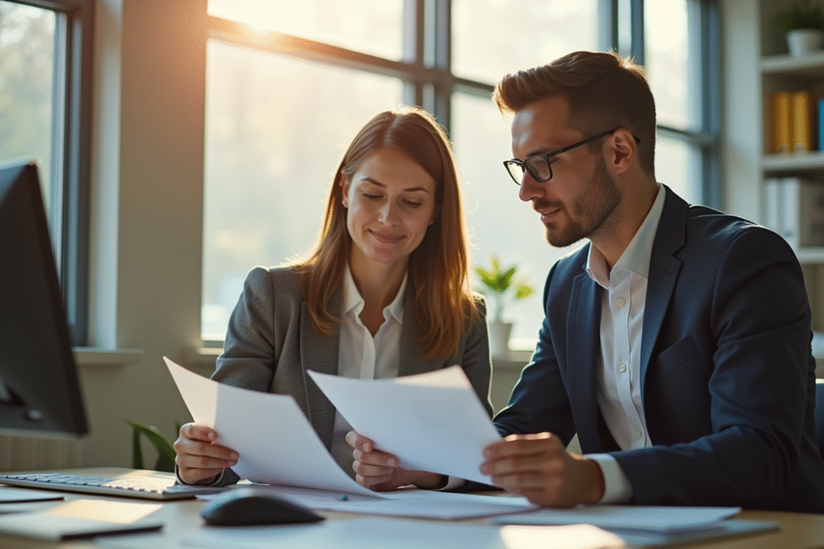 Jeune professionnel et professionnelle discutant de documents en bureau lumineux