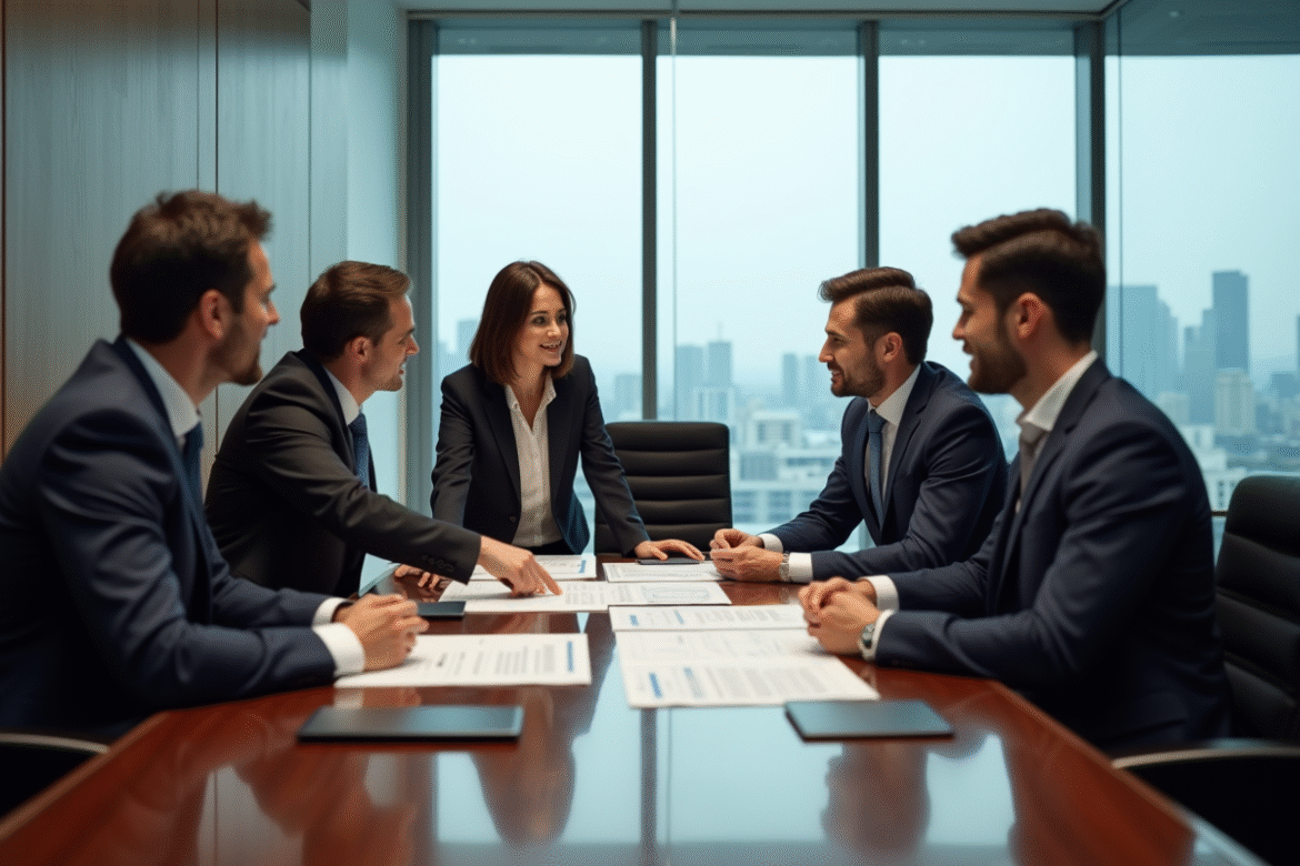 Cinq professionnels en réunion dans un bureau moderne