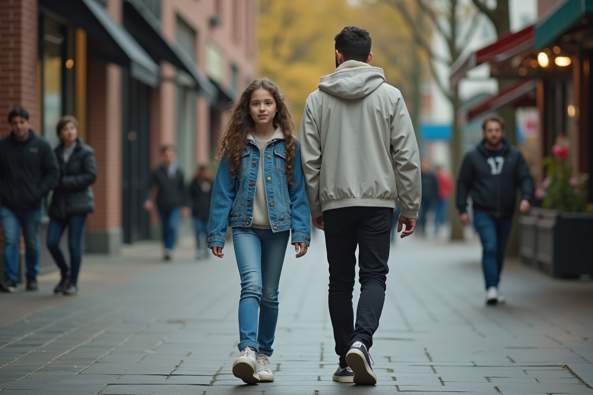 Fille adolescente et homme marchant dans la rue urbaine