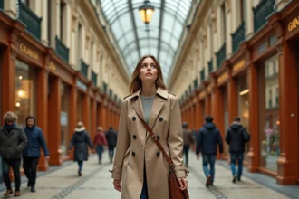 Femme se promenant dans un passage couvert parisien du XIXe siècle avec verrière en fer forgé et sol en mosaïque