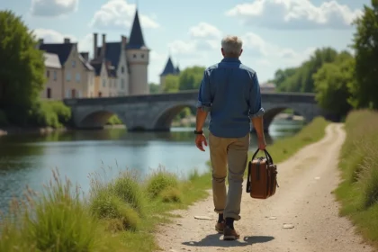 Homme d'âge moyen marchant au bord de la Loire paisible