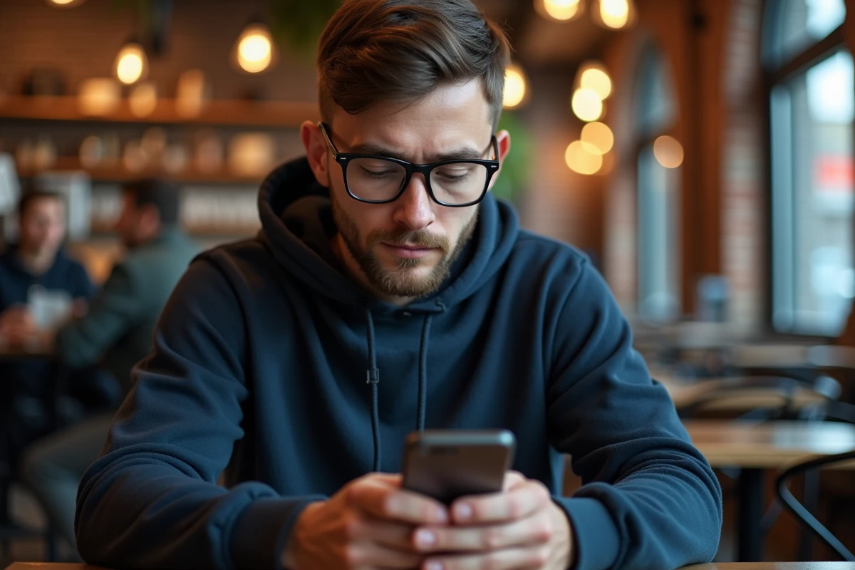 Homme utilisant un VPN sur smartphone dans un café pour protéger sa vie privée lors de la lecture de mangas en ligne