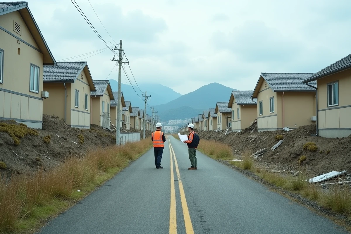 Site de reconstruction d'une ville côtière du Tohoku avec des fondations détruites et de nouvelles maisons préfabriquées
