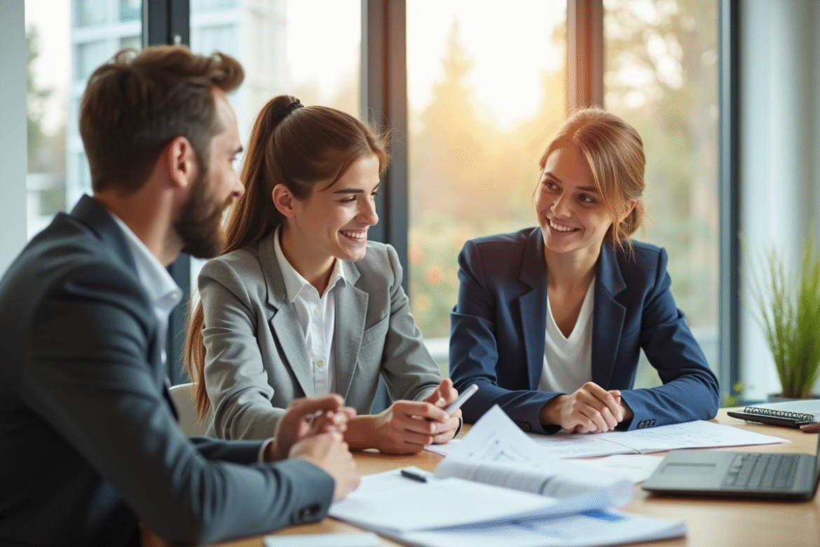 Jeune couple rencontrant un conseiller financier dans un bureau lumineux