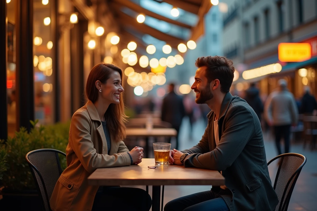 Deux personnes en rendez-vous spontané sur une terrasse de restaurant en ville