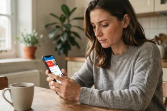 Femme consultant son smartphone pour résilier son forfait Free Mobile et comparer les offres concurrentes