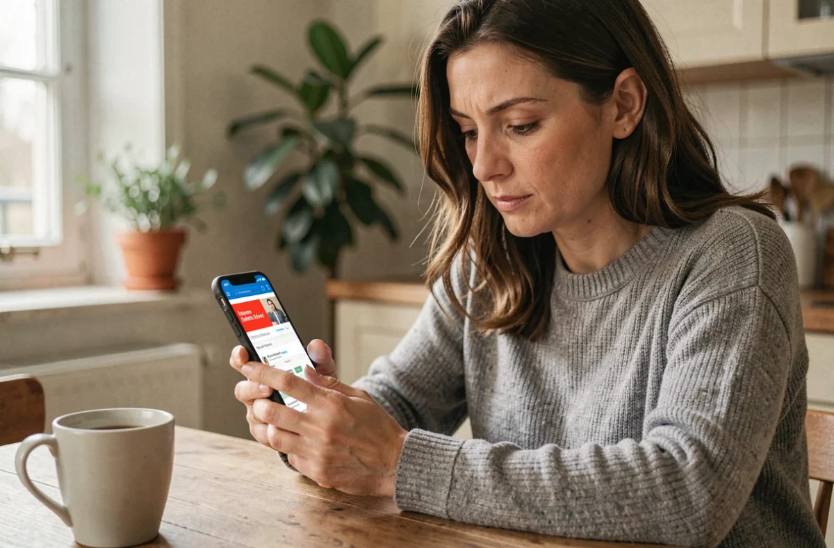 Femme consultant son smartphone pour résilier son forfait Free Mobile et comparer les offres concurrentes
