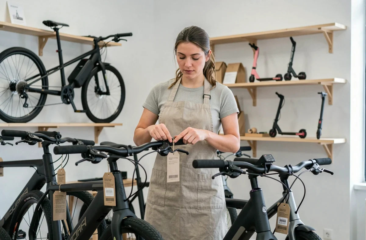 Boutique Respire à Toulouse avec un intérieur minimaliste et une employée assemblant un vélo électrique urbain
