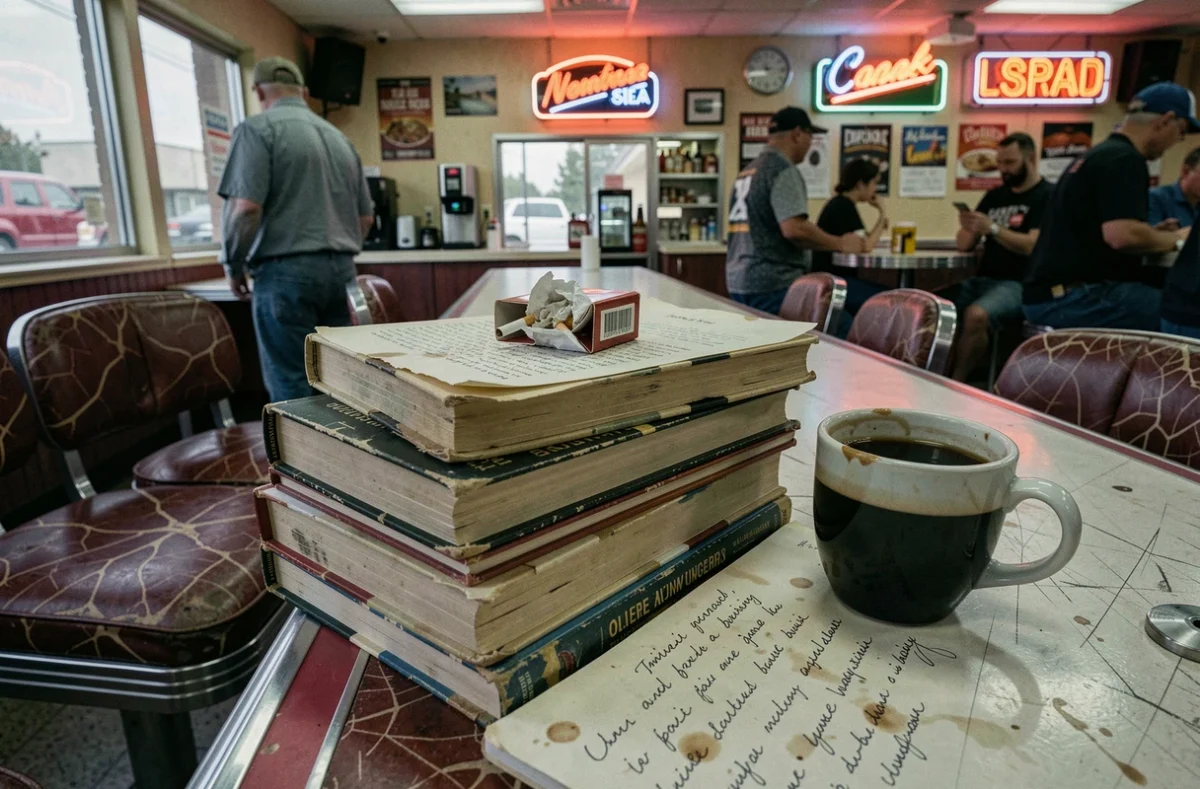 Pile de romans noirs et de carnets d'écriture sur le comptoir d'un diner américain miteux, symboles de la fiction speed et de l'écriture transgressive à la manière de Jerry Stahl