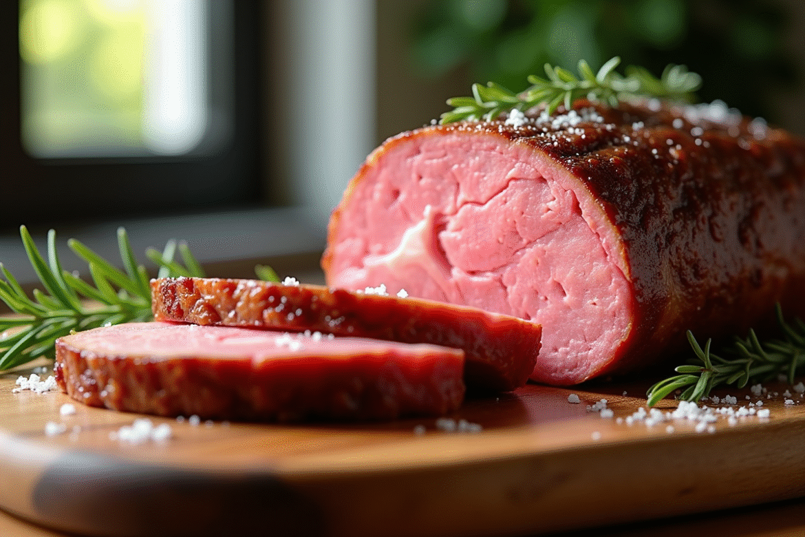 Rôti de veau tranché avec jus sur planche en bois