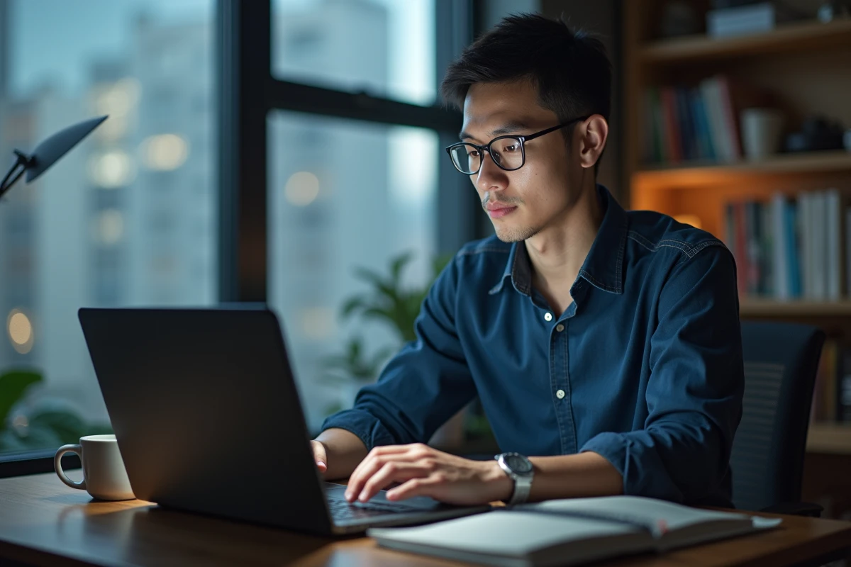 Homme lisant un scan yaoi en français sur un ordinateur portable dans un bureau moderne