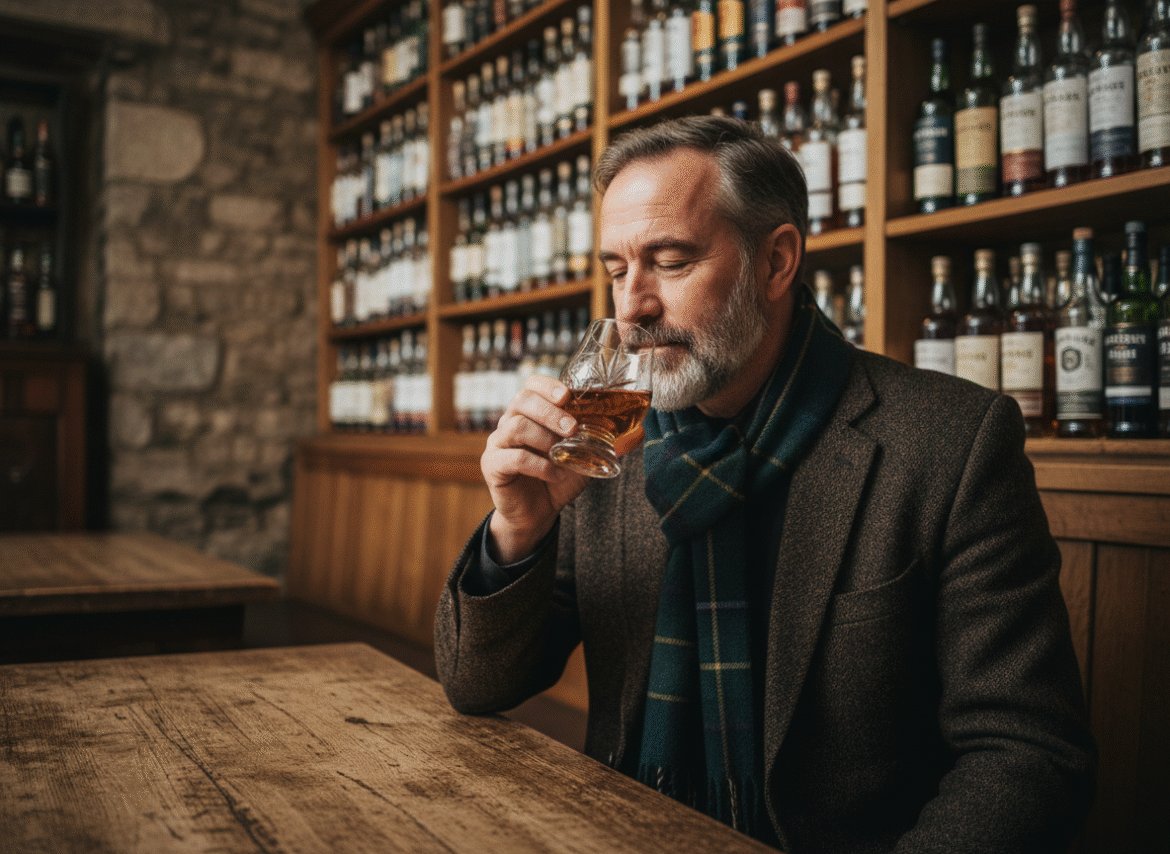 Homme écossais dégustant un whisky dans un pub traditionnel