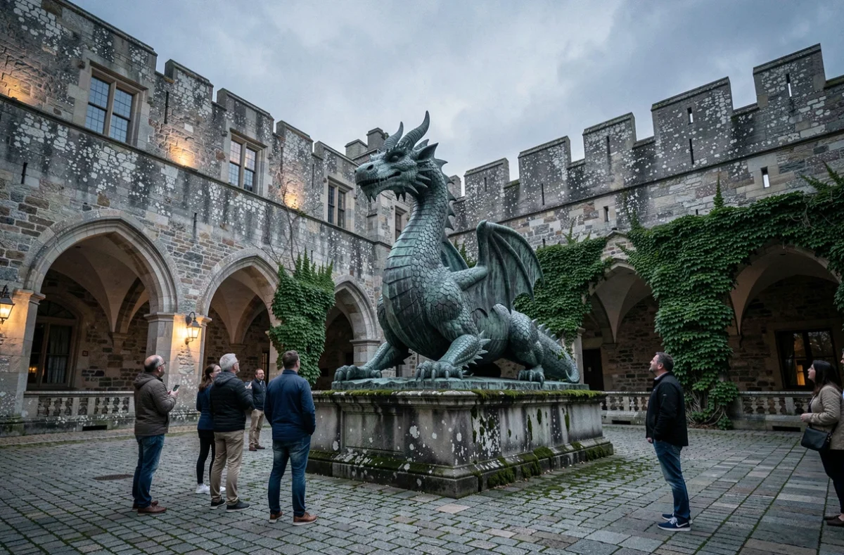 Sculpture de dragon en bronze dans la cour d'un château médiéval visitée par des touristes adultes au crépuscule