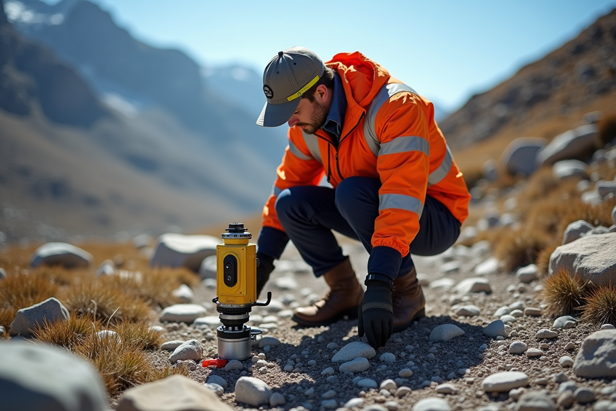 Seismologue en extérieur posant un capteur sismique sur le sol rocheux