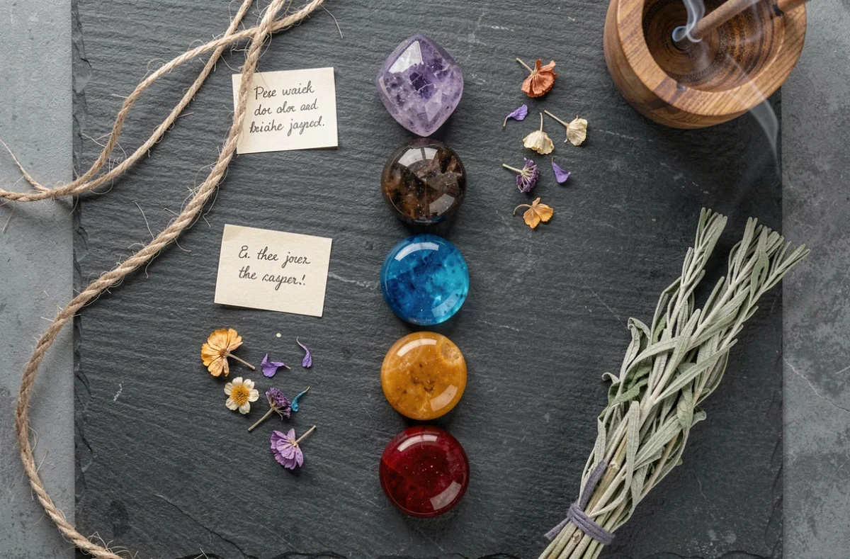 Arrangement de sept pierres de chakra colorées sur ardoise, de la calcite rouge à l'améthyste violette
