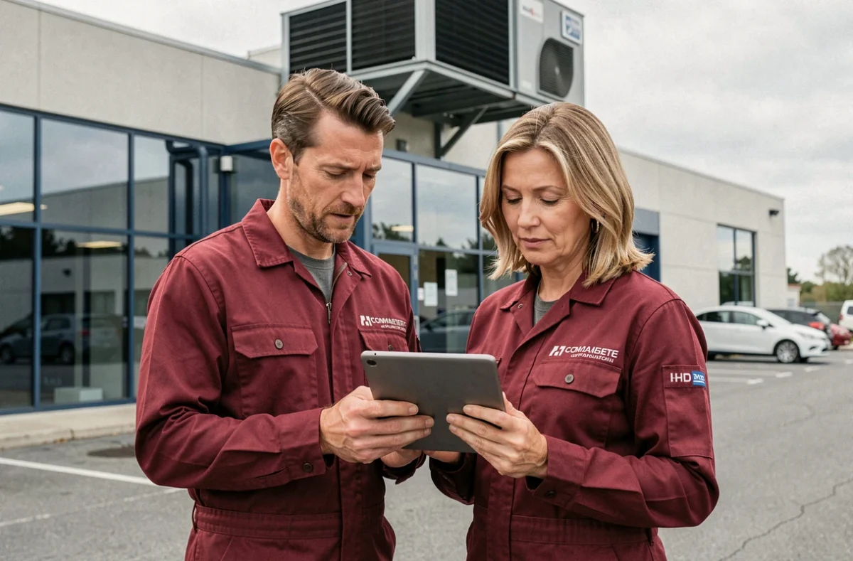 Techniciens Société 2G en consultation pour des services chauffage et climatisation pour particuliers et professionnels