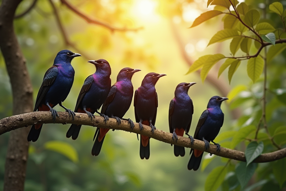 Groupe d'oiseaux violet sur branches en forêt africaine