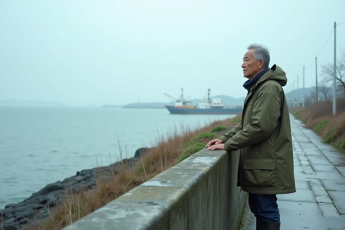Survivant du tsunami Tohoku debout sur une digue côtière regardant l'océan avec une expression solennelle