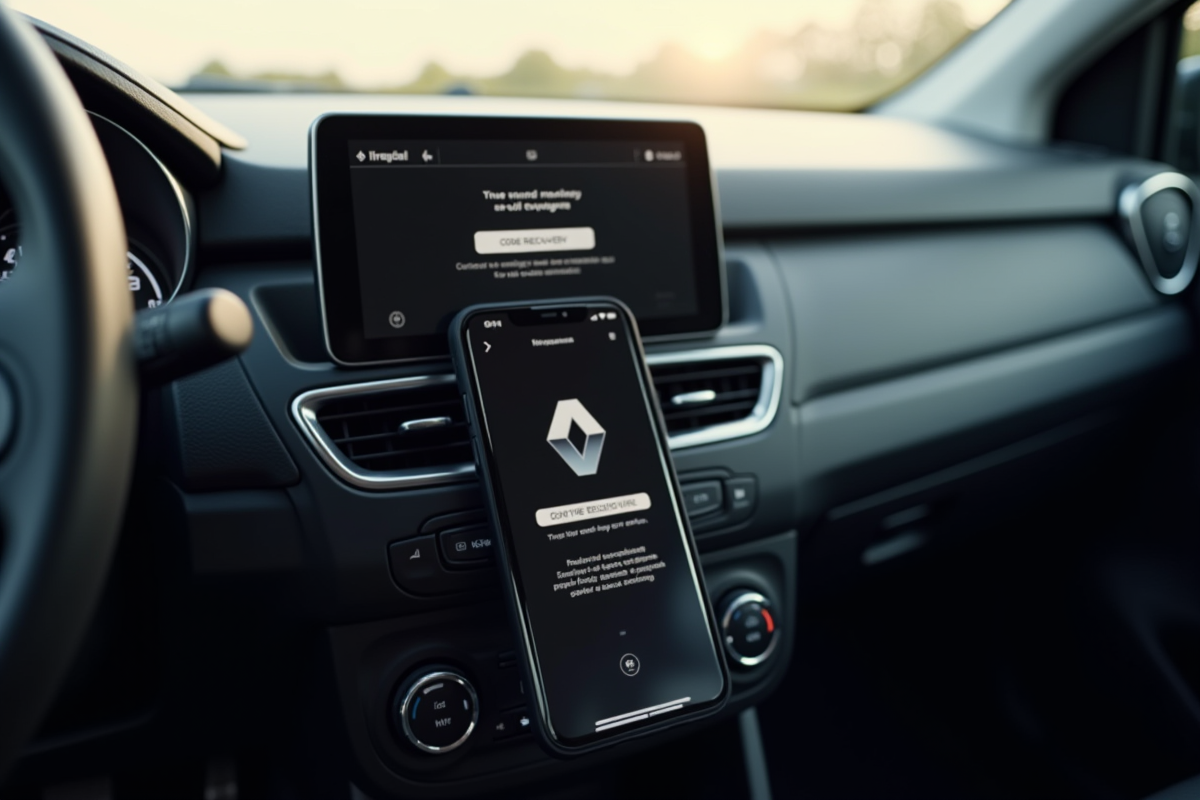 Tableau de bord Renault avec smartphone affichant un code