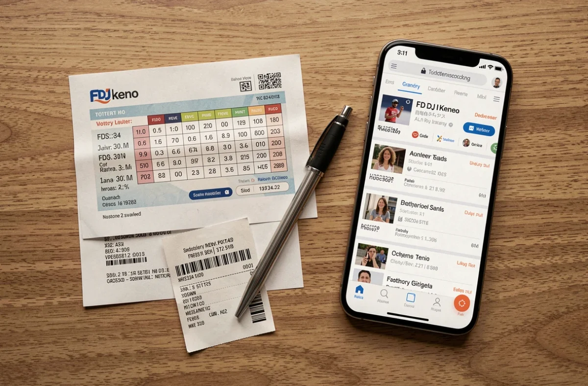 Ticket de loterie Keno FDJ posé sur un bureau avec smartphone affichant les résultats du tirage