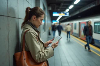 Touriste consultant le plan de la ligne 14 du métro parisien sur son smartphone sur un quai moderne