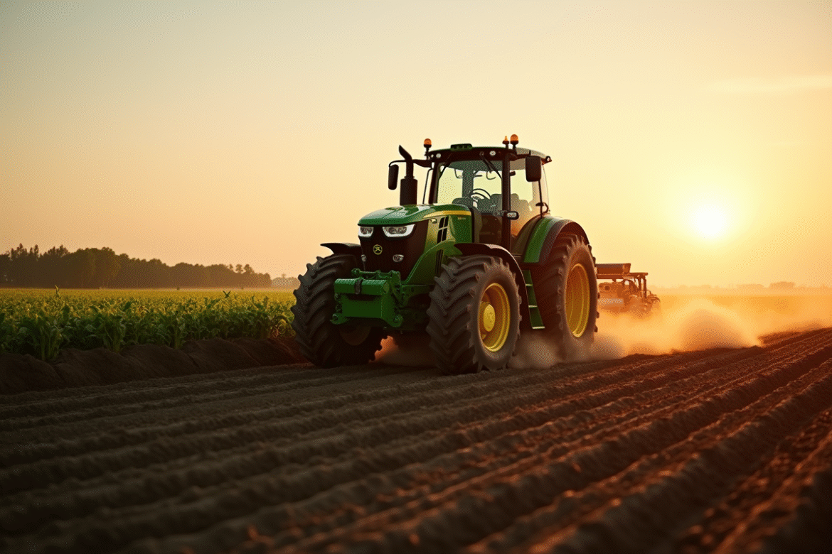Tracteur lourd travaillant sur un champ labouré au lever du soleil