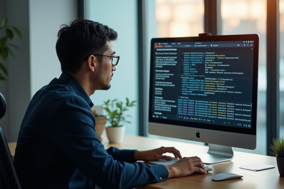 Traducteur professionnel au bureau avec écran neural