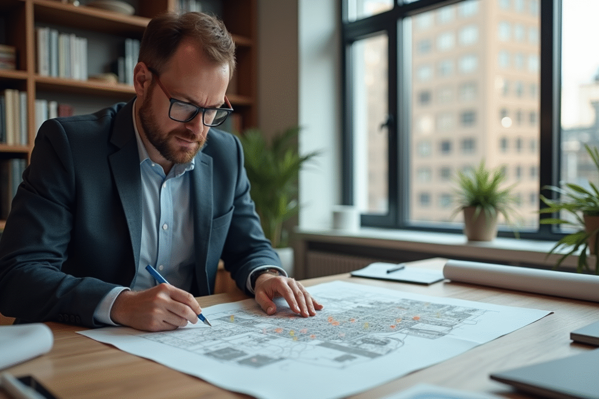 Urbaniste examinant une carte de zonage dans un bureau moderne