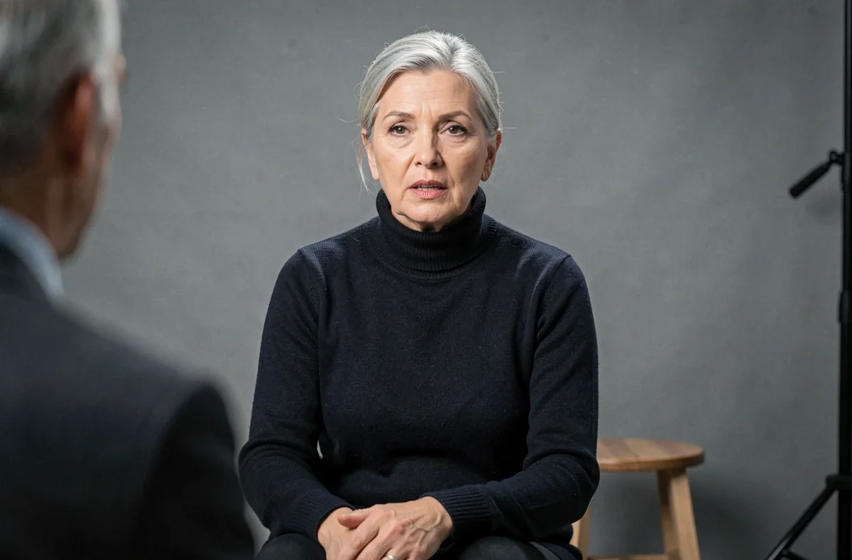 Portrait en studio d'une actrice française d'âge mûr lors d'une interview, expression mesurée et posture contrôlée, illustrant ce qu'elle choisit de révéler ou taire sur sa vie personnelle
