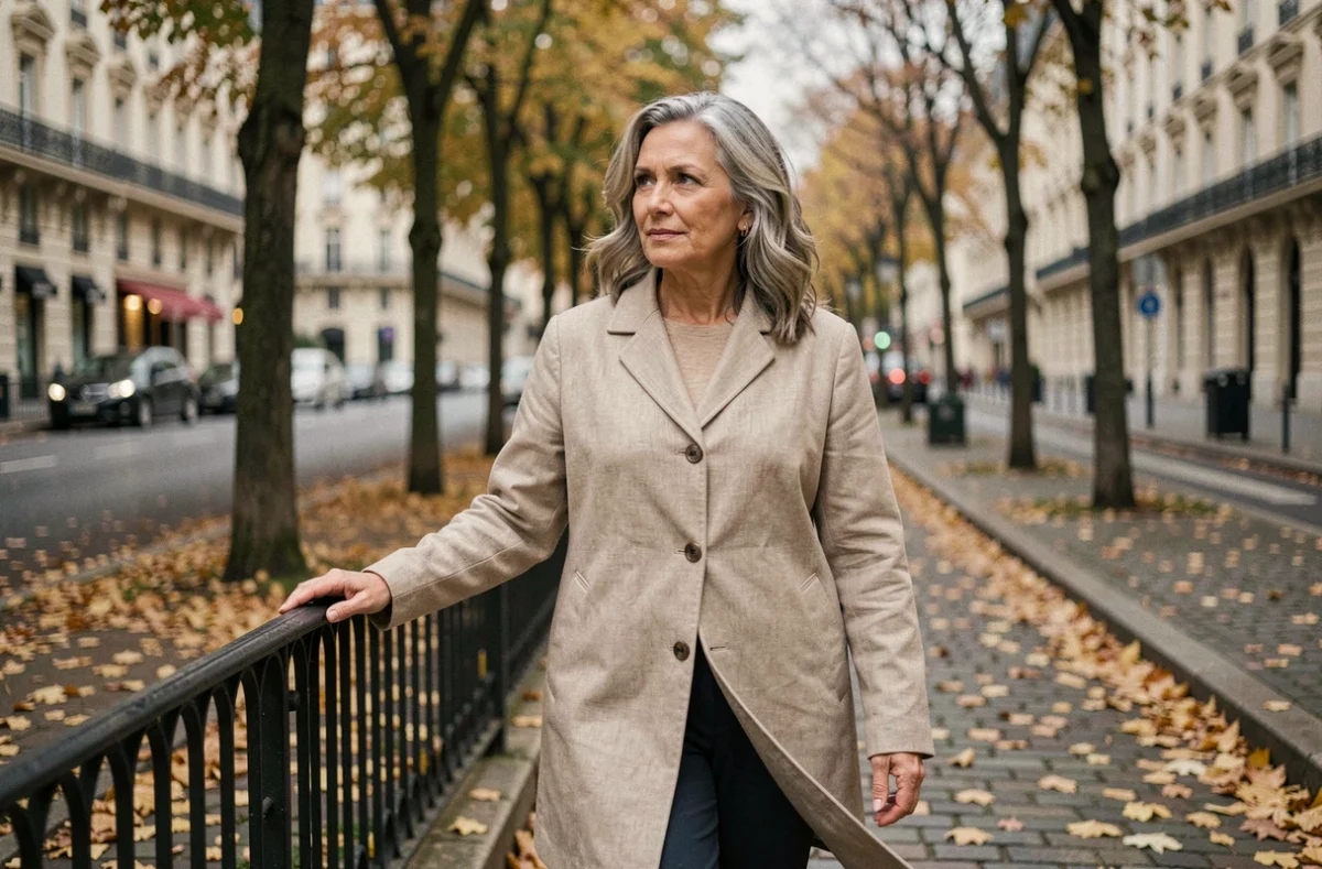 Femme mature et élégante marchant seule sur un boulevard parisien en automne, regard pensif et attitude réservée, symbolisant la vie privée jalousement gardée d'une actrice française