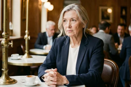 Portrait intimiste d'une femme élégante d'une soixantaine d'années dans un café parisien, expression réservée et digne, illustrant la vie privée et la discrétion d'une personnalité publique