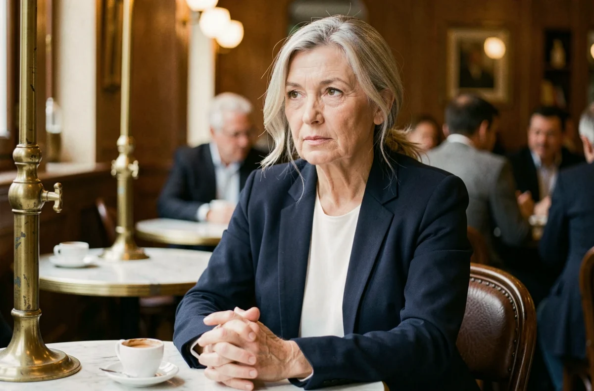 Portrait intimiste d'une femme élégante d'une soixantaine d'années dans un café parisien, expression réservée et digne, illustrant la vie privée et la discrétion d'une personnalité publique