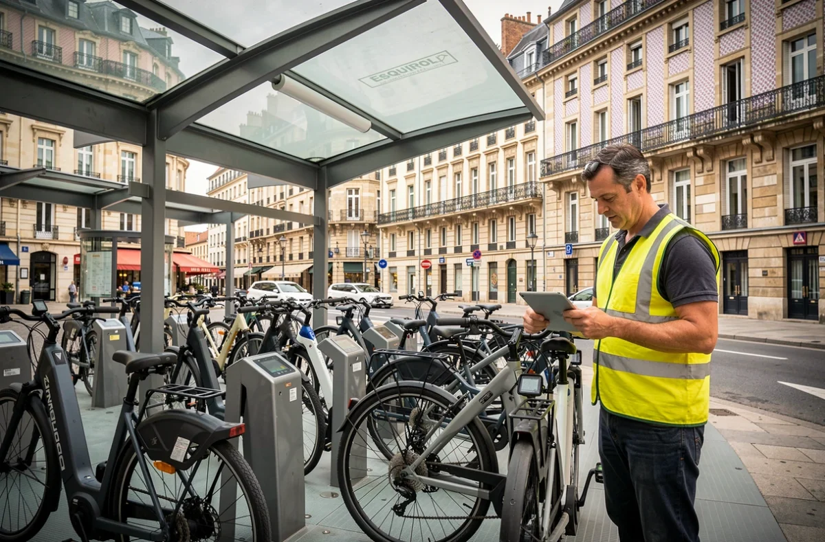 Station vélo Esquirol à Toulouse avec des vélos électriques en libre-service et un technicien effectuant une vérification
