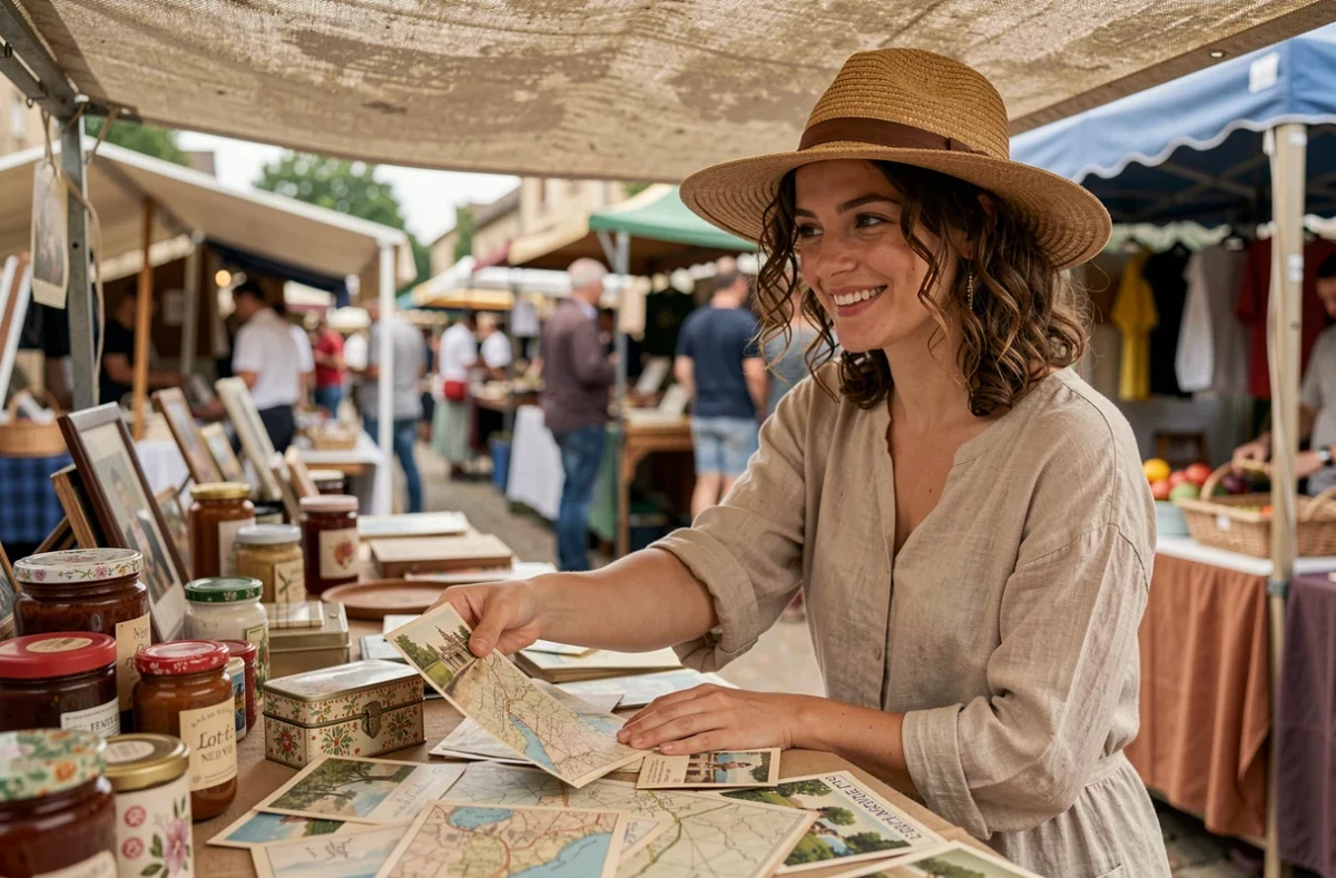 Vendeuse souriante à son stand de vide grenier en Lot-et-Garonne proposant cartes postales et objets anciens